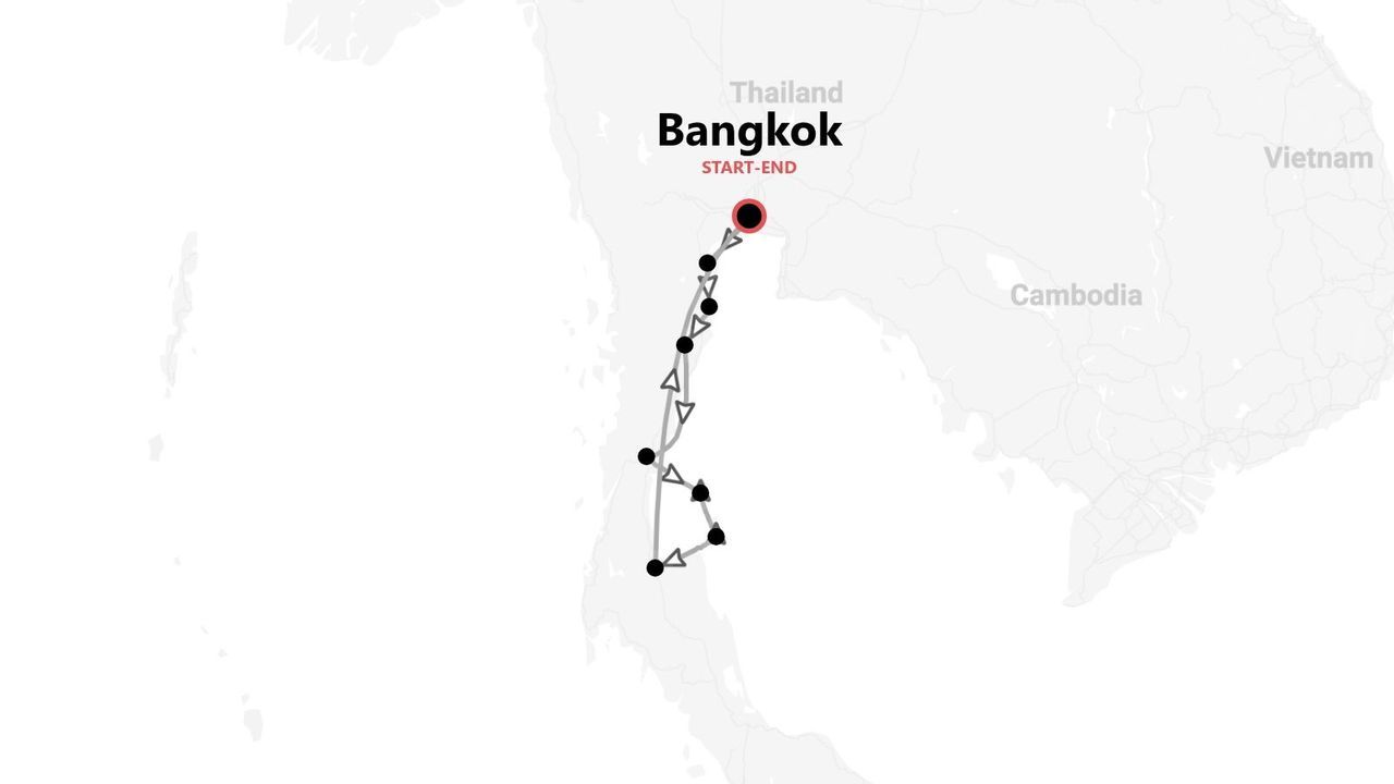 Mapa de Tailandia con itinerario de viaje que comienza y termina en Bangkok.