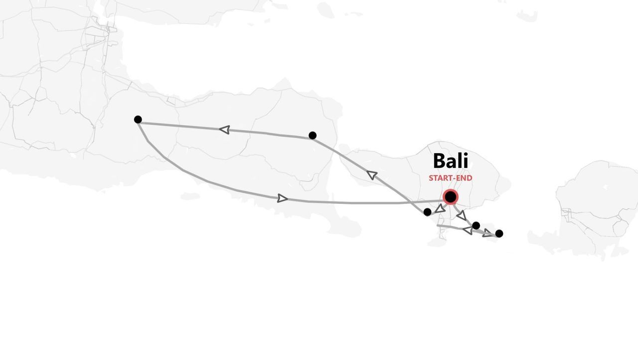Un mapa minimalista que muestra un itinerario de viaje que comienza y termina en Bali, con una ruta que pasa por islas cercanas.
