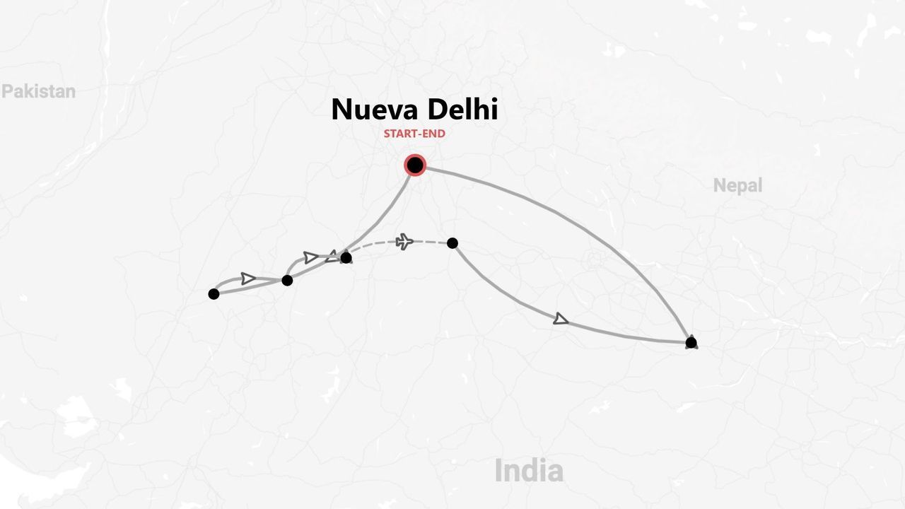 Un mapa que muestra un itinerario de viaje por India, comenzando y terminando en Nueva Delhi, con Pakistán y Nepal también visibles.