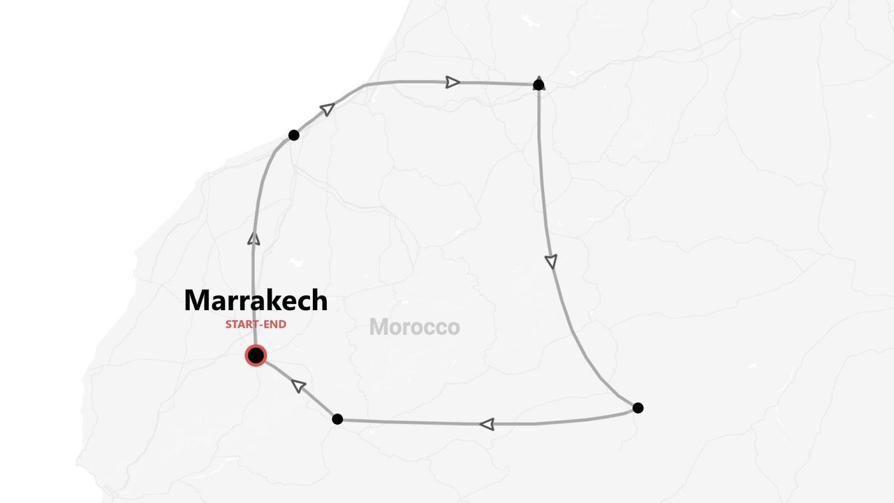 Un mapa que muestra un itinerario de viaje en Marruecos, con una ruta que comienza y termina en Marrakech.