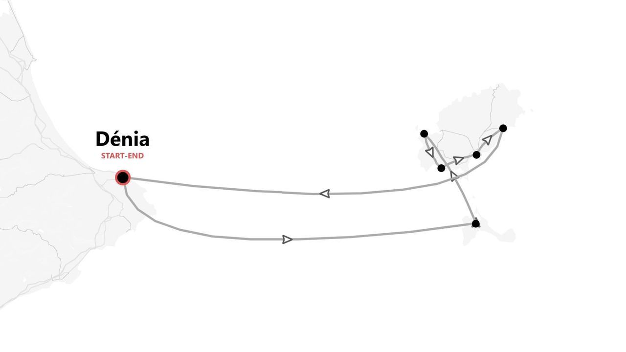 Un mapa minimalista que muestra un itinerario de viaje con inicio y fin en Dénia, conectando con islas cercanas.