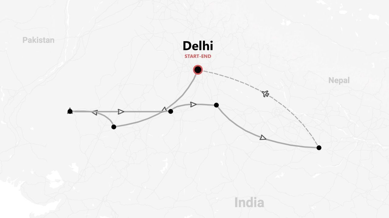 Mapa de un itinerario de viaje por el norte de la India, con rutas terrestres y aéreas, con inicio y fin en Delhi.