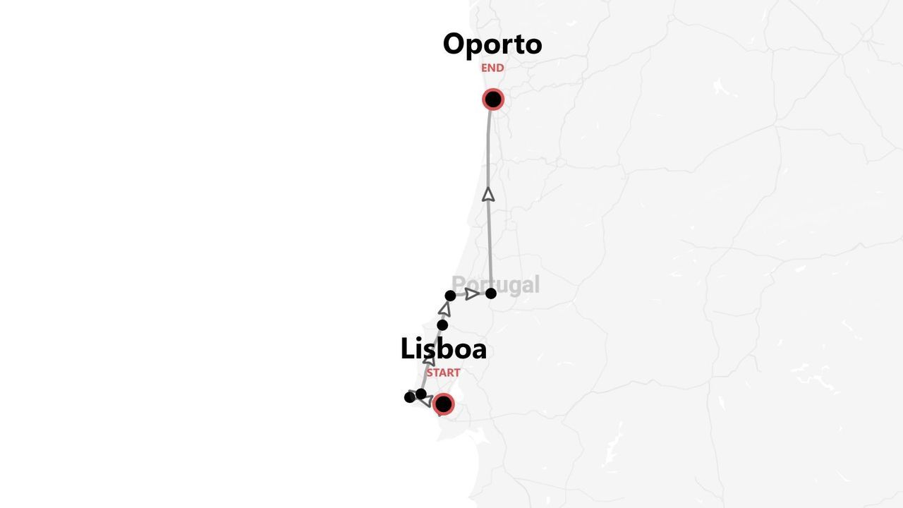 Mapa de itinerario de Portugal con una ruta de viaje de Lisboa a Oporto.