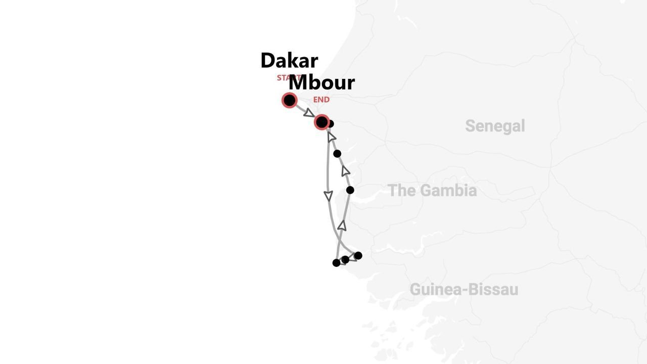 Un mapa con un itinerario de viaje que empieza en Dakar y termina en Mbour, pasando por Senegal y Gambia.