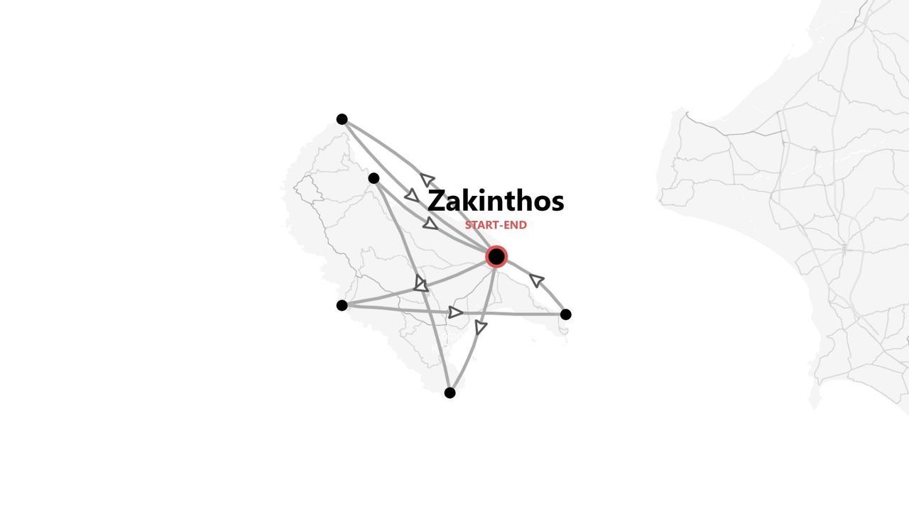 Un mapa de la isla de Zante mostrando un itinerario de viaje con paradas y rutas marcadas, con inicio y fin en el mismo punto.