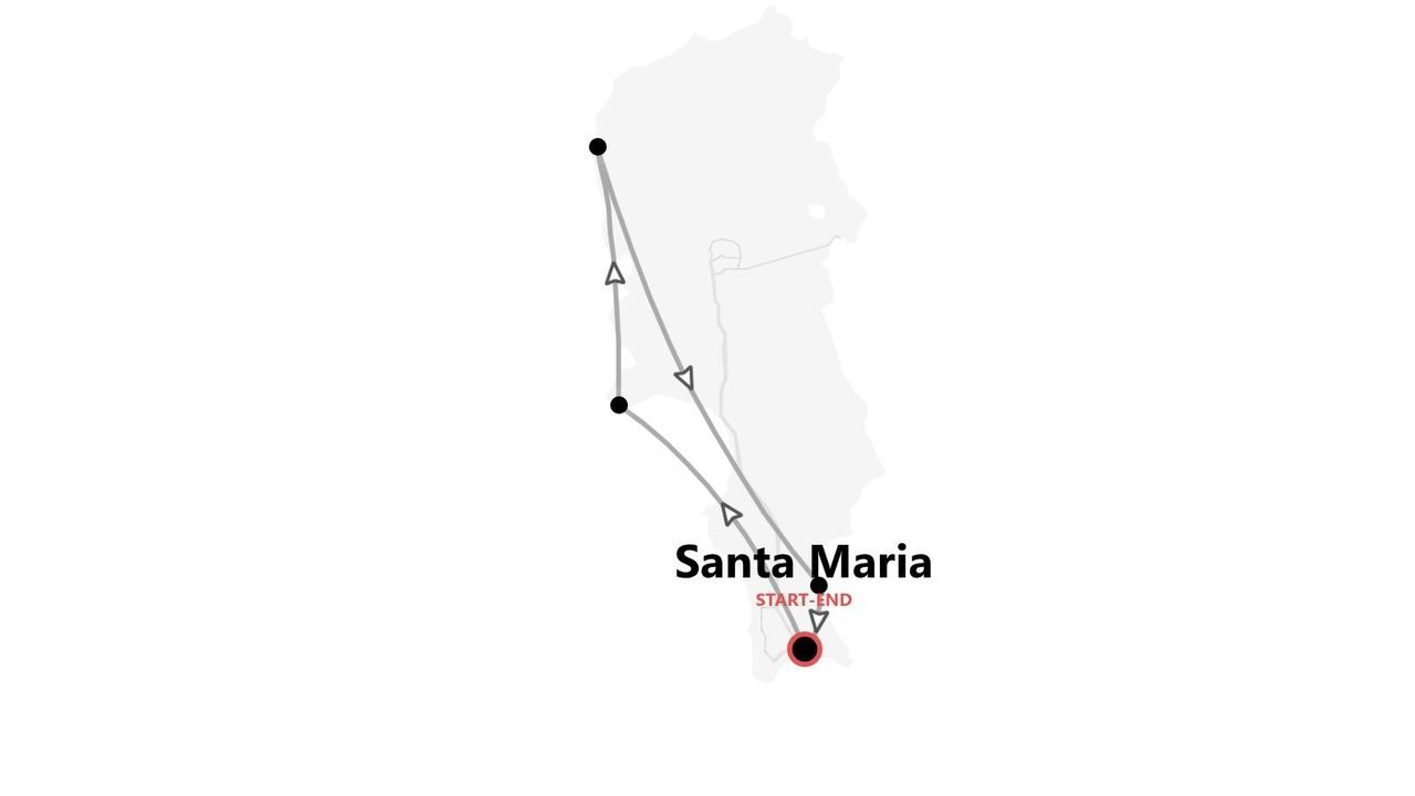 Un mapa minimalista que muestra una ruta de itinerario de viaje que comienza y termina en Santa María, recorriendo varios puntos intermedios.