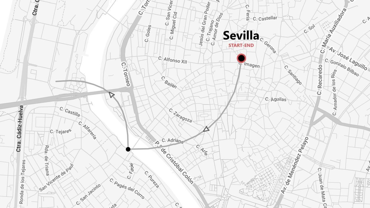 Un mapa de Sevilla, España, que muestra una ruta a pie con un punto de inicio y fin marcados en el centro de la ciudad.