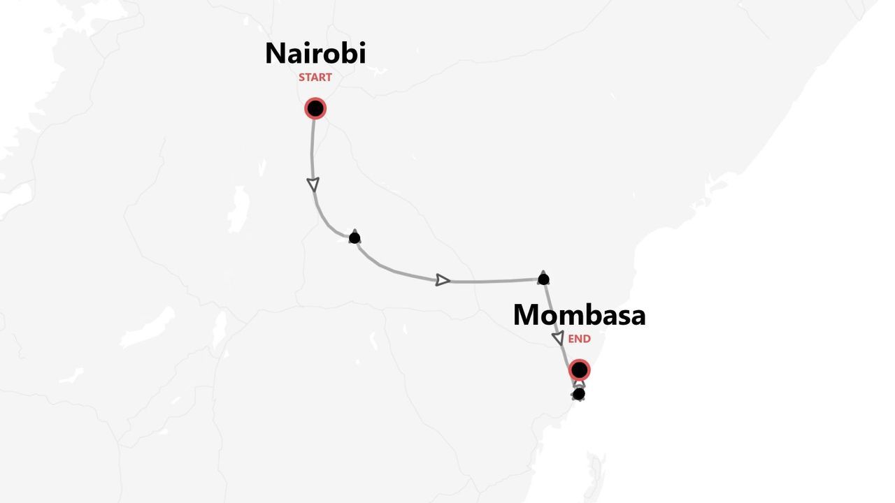 Mapa de un itinerario de viaje con inicio en Nairobi y fin en Mombasa, Kenia.