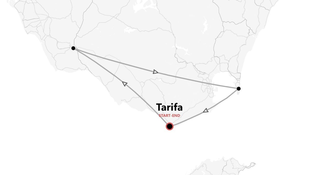 Un mapa minimalista que muestra un itinerario de viaje triangular, con Tarifa marcada como punto de inicio y fin del trayecto.