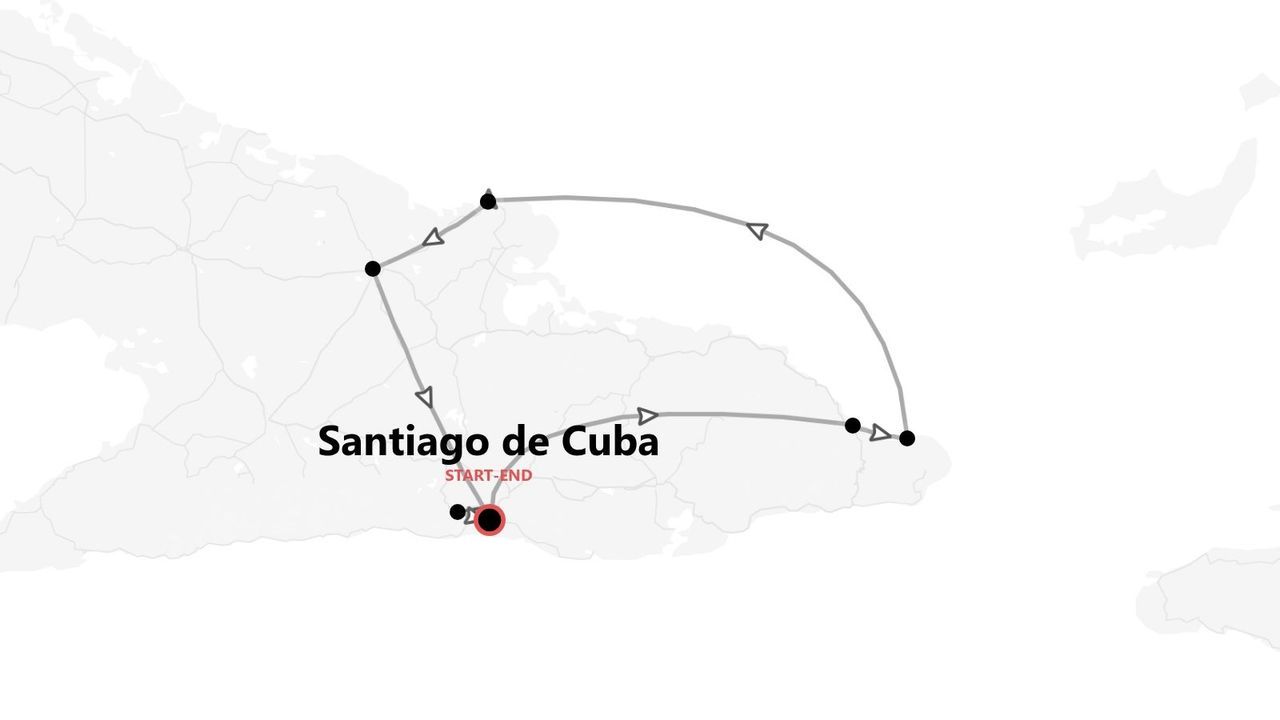 Un mapa que muestra un itinerario turístico en Cuba, con la ruta comenzando y terminando en Santiago de Cuba.
