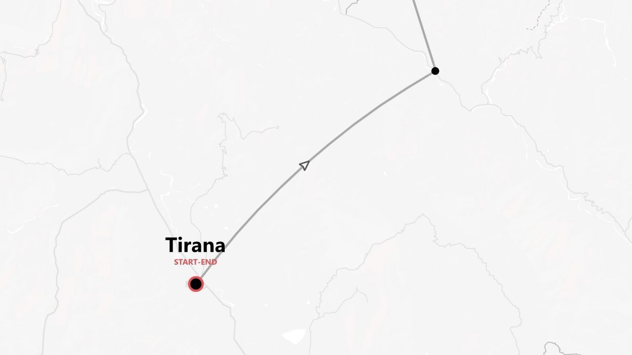 Un mapa de ruta de viaje minimalista que muestra un itinerario que comienza y termina en Tirana, Albania.