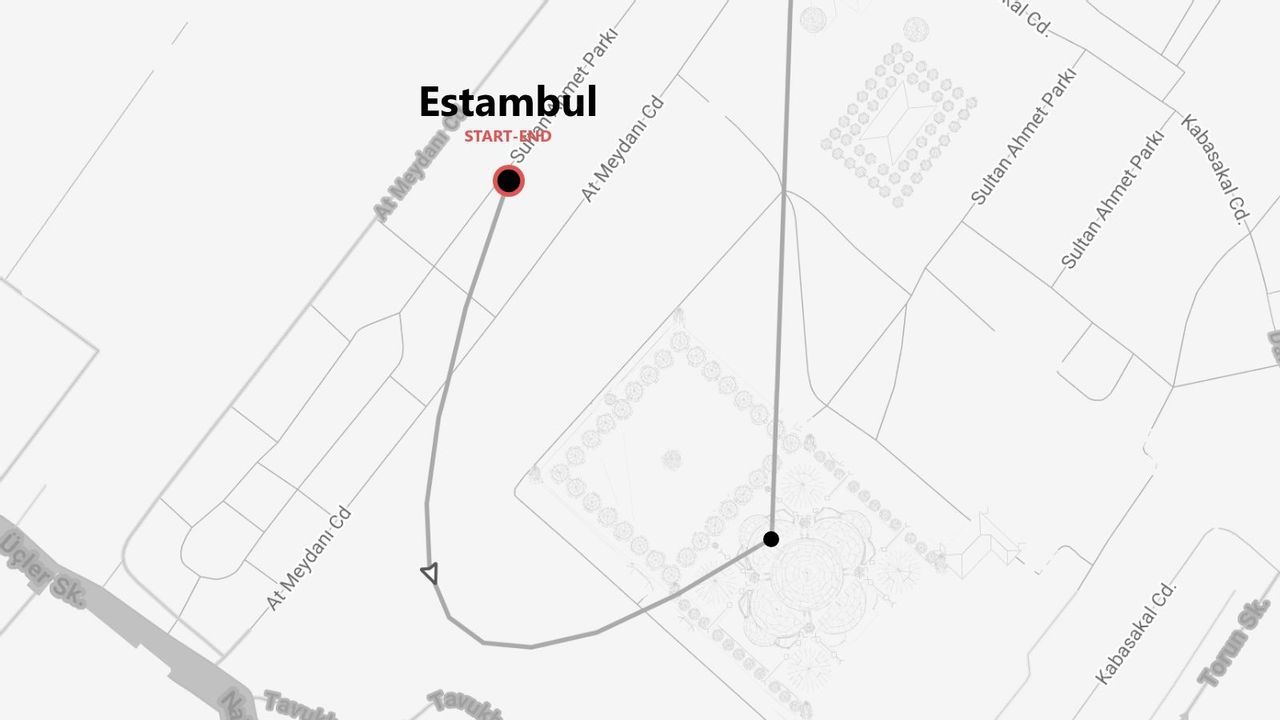 Un mapa estilizado de Estambul mostrando una ruta con inicio y fin cerca del Parque Sultan Ahmet.