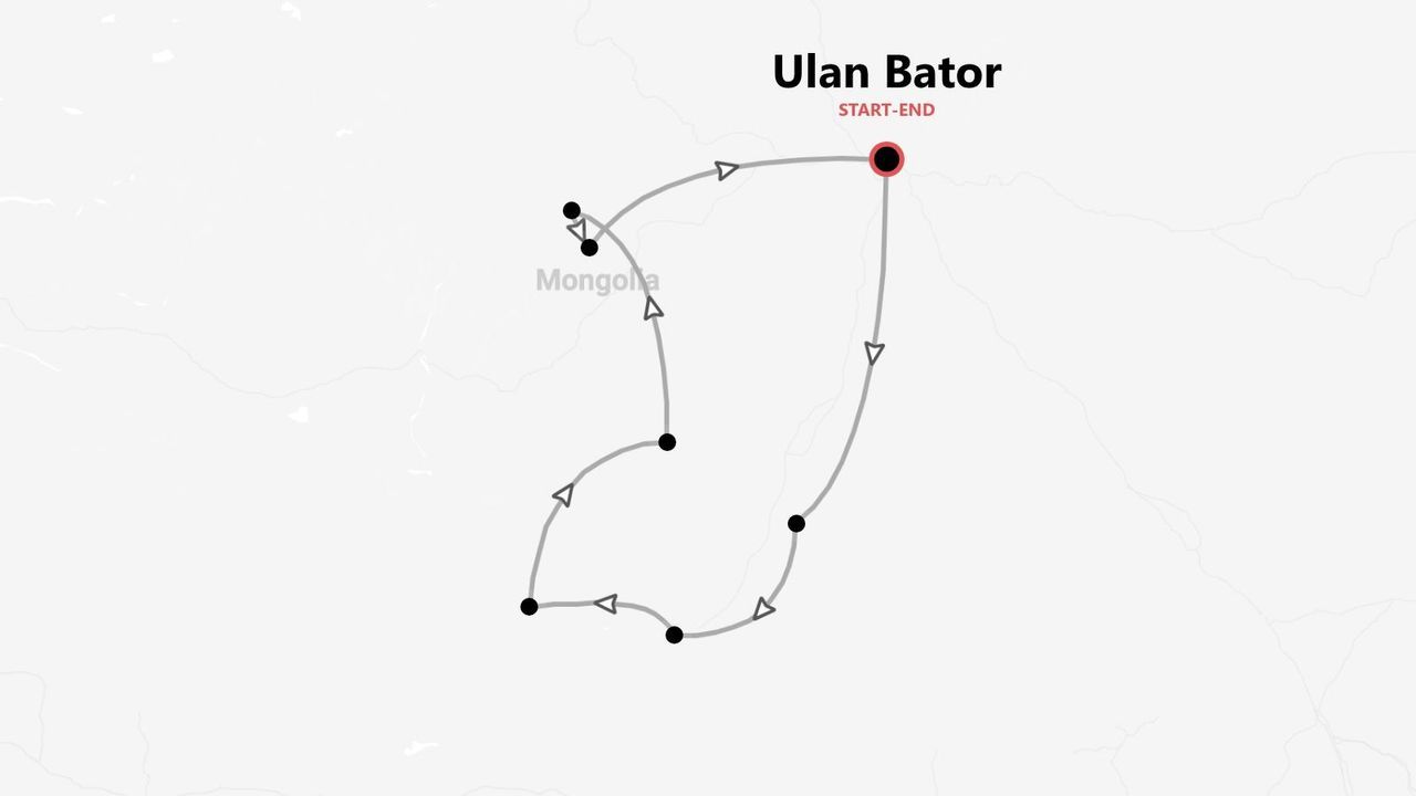 Una mappa di un itinerario di viaggio in Mongolia, con inizio e fine a Ulan Bator.