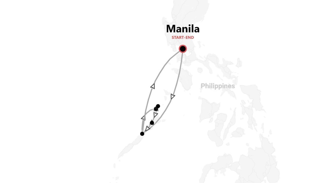 Mappa di un itinerario di viaggio nelle Filippine che inizia e finisce nella città di Manila.