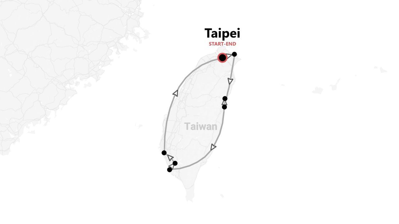 Una mappa di Taiwan che mostra un itinerario di viaggio circolare con diverse tappe, con inizio e fine a Taipei.