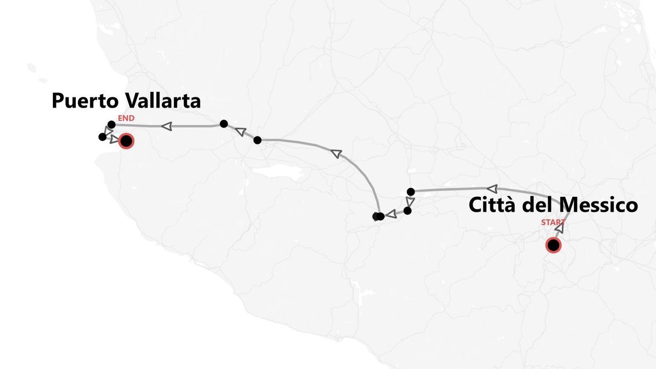 Una mappa che illustra un itinerario di viaggio in Messico, con partenza da Città del Messico e arrivo a Puerto Vallarta.