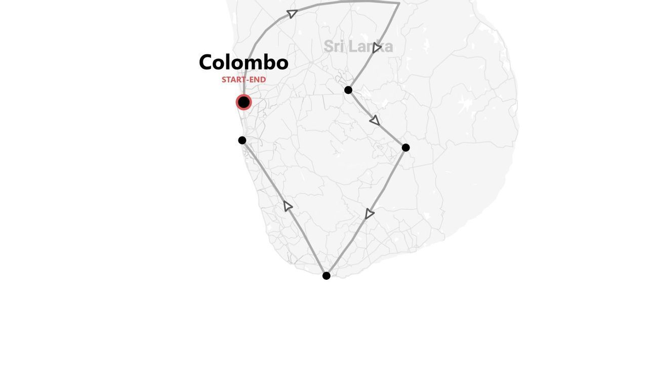 Mappa dello Sri Lanka che mostra un itinerario di viaggio con varie tappe, con partenza e arrivo a Colombo.