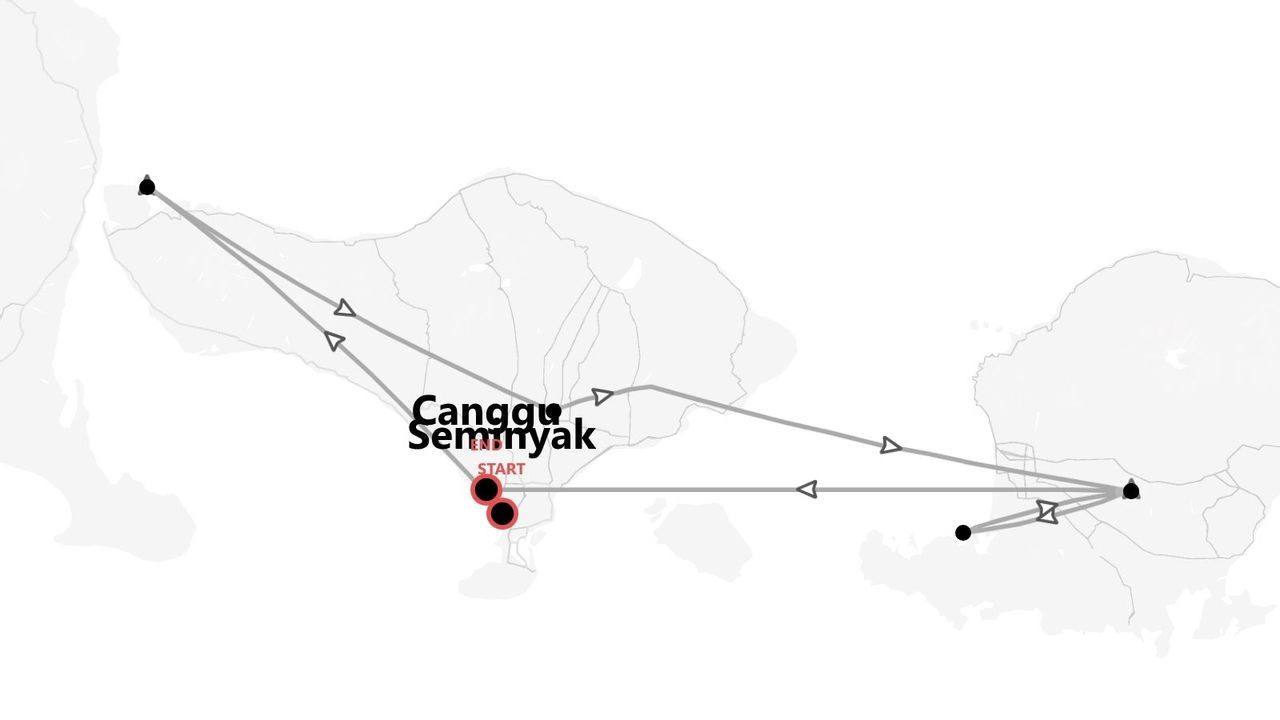 Una mappa di un itinerario che mostra un percorso di viaggio che inizia a Canggu e termina a Seminyak, con varie tappe lungo il percorso.