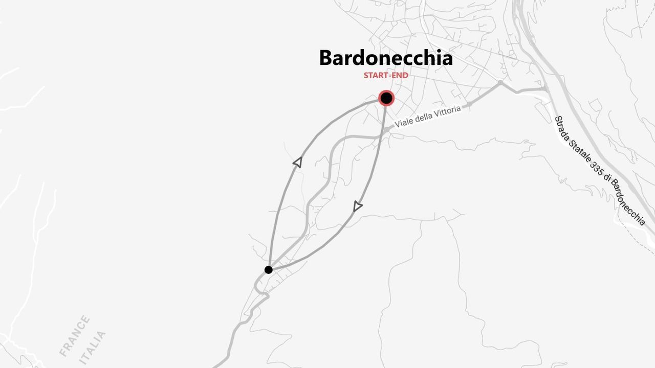 Mappa minimalista di un itinerario con partenza e arrivo a Bardonecchia, Italia, località situata vicino al confine francese.