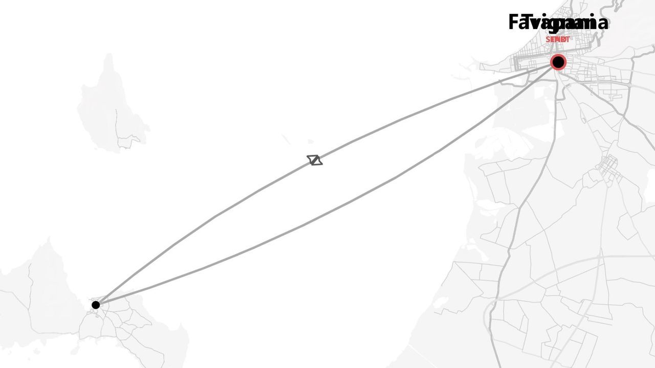 Una mappa minimalista che illustra un itinerario di viaggio tra due località, con una destinazione, Fāvignaania, Senet, evidenziata in rosso.