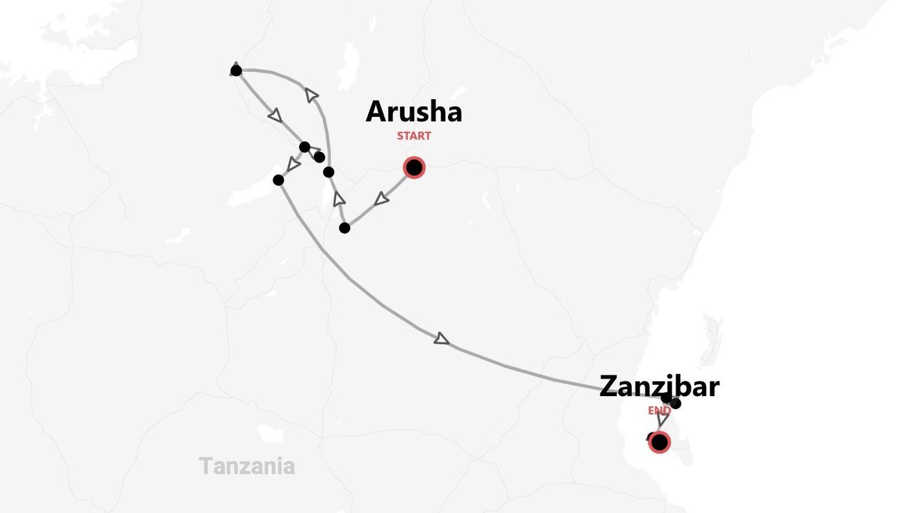 Una mappa della Tanzania che mostra un itinerario di viaggio che inizia ad Arusha e termina a Zanzibar.