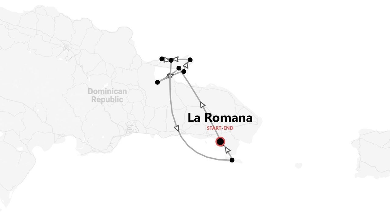 Mappa dell'itinerario di viaggio nella Repubblica Dominicana con partenza e arrivo a La Romana.
