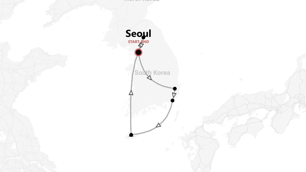 Mappa minimalista della Corea del Sud che mostra un itinerario di viaggio con partenza e arrivo a Seoul, e il percorso evidenziato.