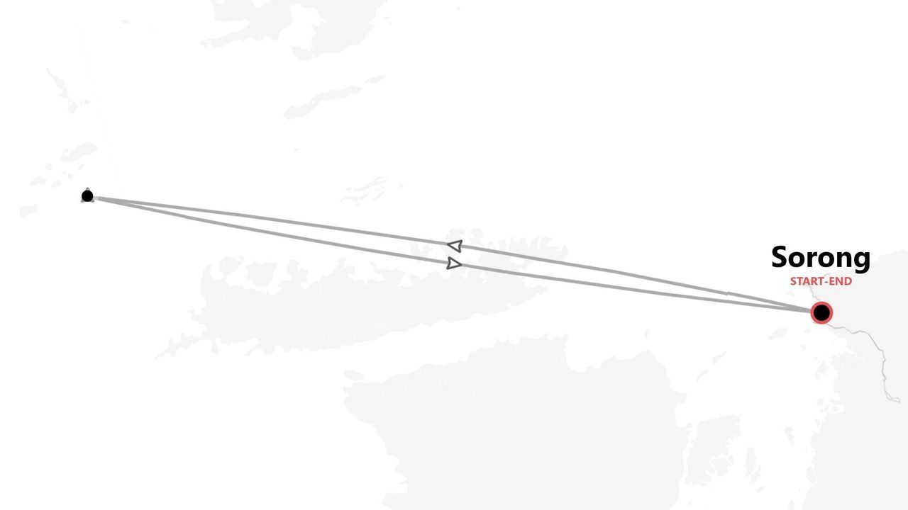 Una mappa che mostra un itinerario di viaggio di andata e ritorno con partenza e arrivo a Sorong.