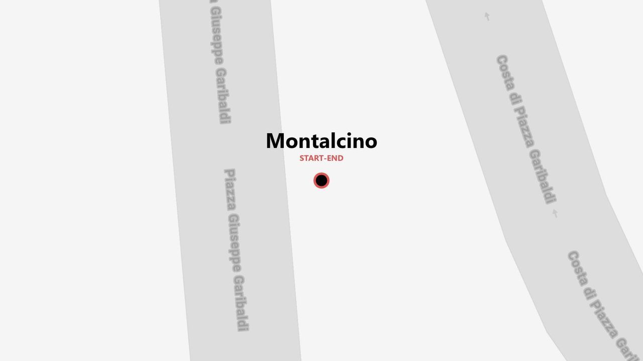 Mappa minimalista di Montalcino, con punto di inizio e fine vicino a Piazza Giuseppe Garibaldi e Costa di Piazza Garibaldi.