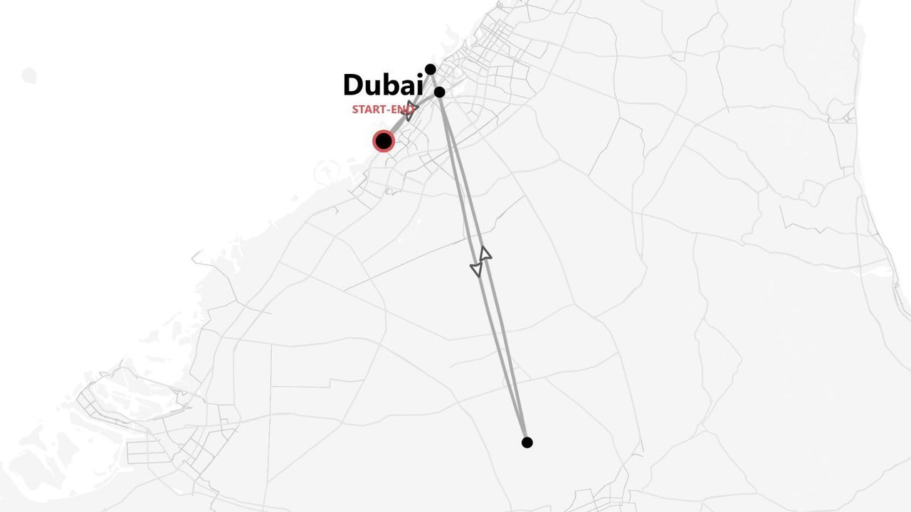 Mappa stilizzata di un itinerario di viaggio di andata e ritorno che inizia e finisce a Dubai.