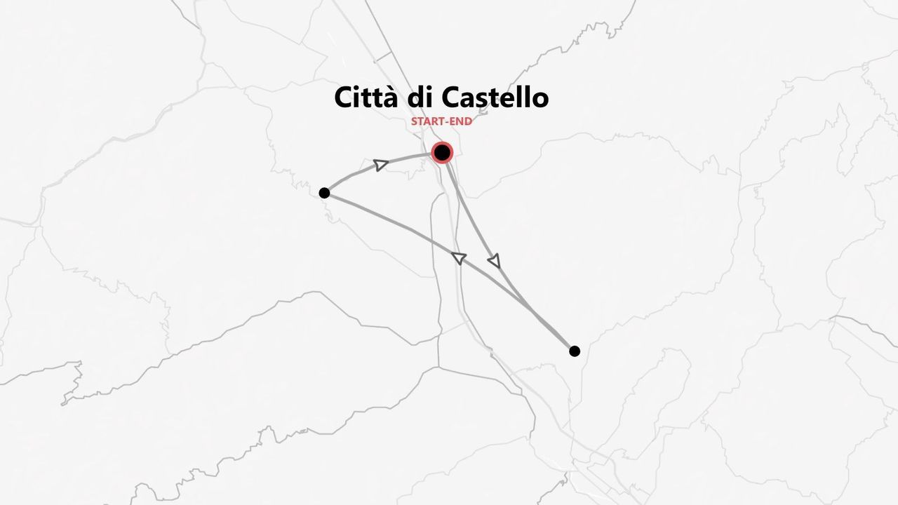 Mappa di un itinerario di viaggio con punti di inizio e fine a Città di Castello.