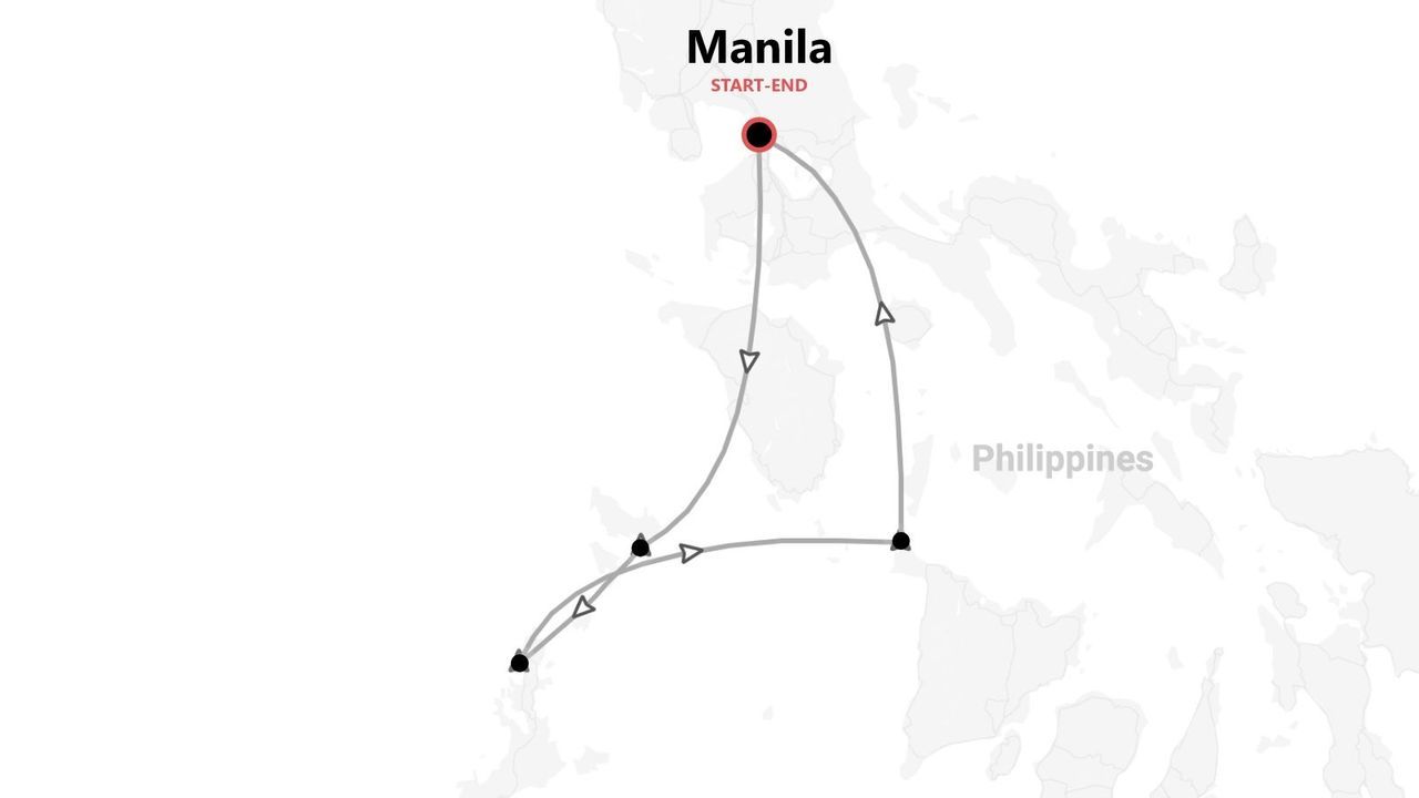 Mappa di un itinerario di viaggio attraverso le Filippine, con punto di inizio e fine a Manila.