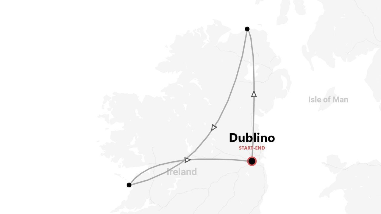 Mappa dell'Irlanda con itinerario ad anello con partenza e arrivo a Dublino, etichettato 'Dublino'.