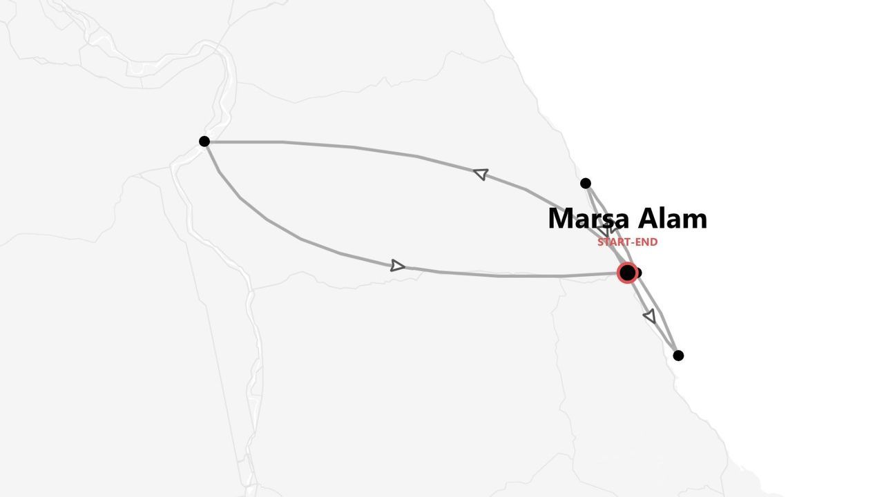 Mappa minimalista di un itinerario di viaggio con Marsa Alam come punto di partenza e arrivo.