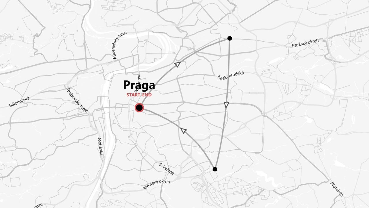 Una mappa in bianco e nero che mostra un itinerario di viaggio triangolare con partenza e arrivo a Praga.