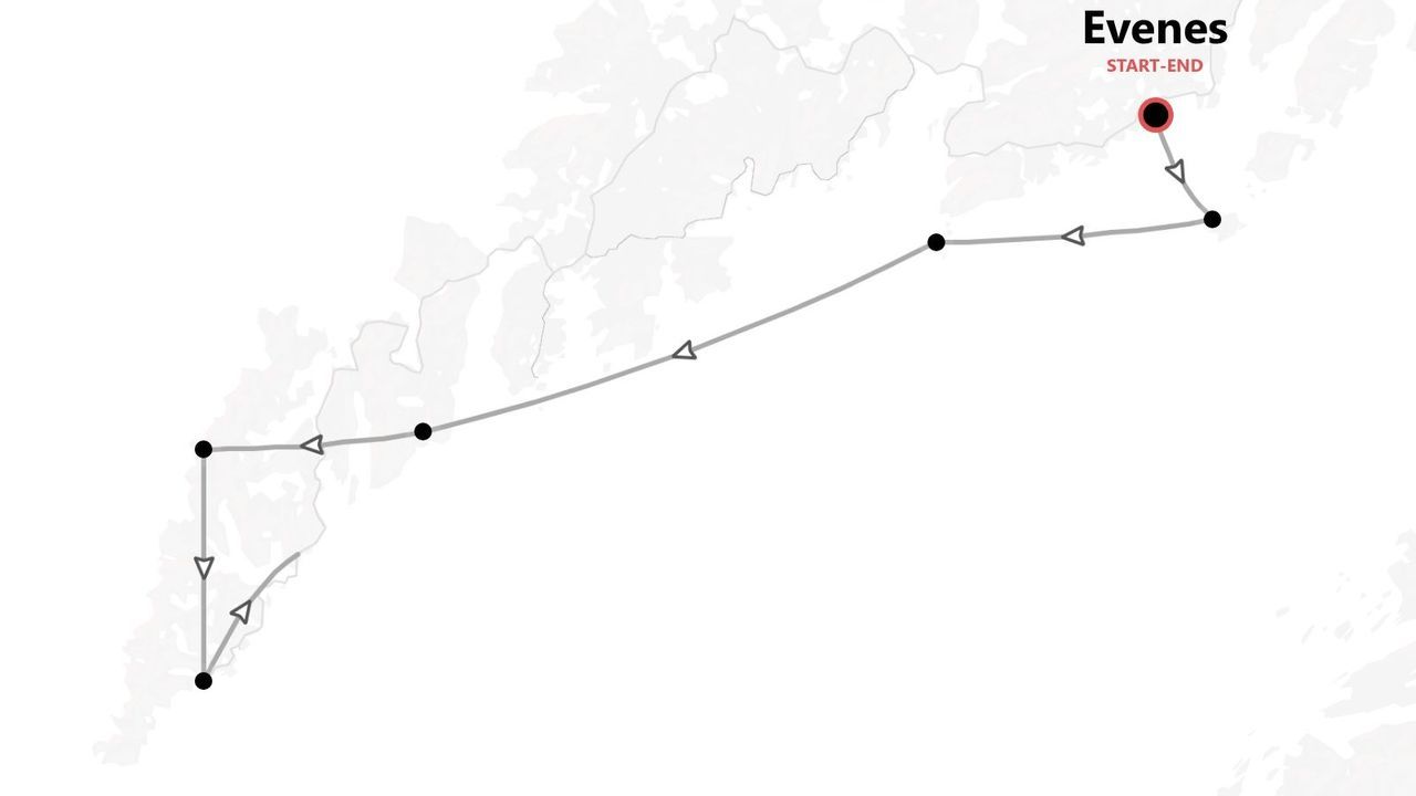 Mappa di un itinerario di viaggio. Il percorso parte e arriva a Evenes, seguendo un anello attraverso una regione costiera.