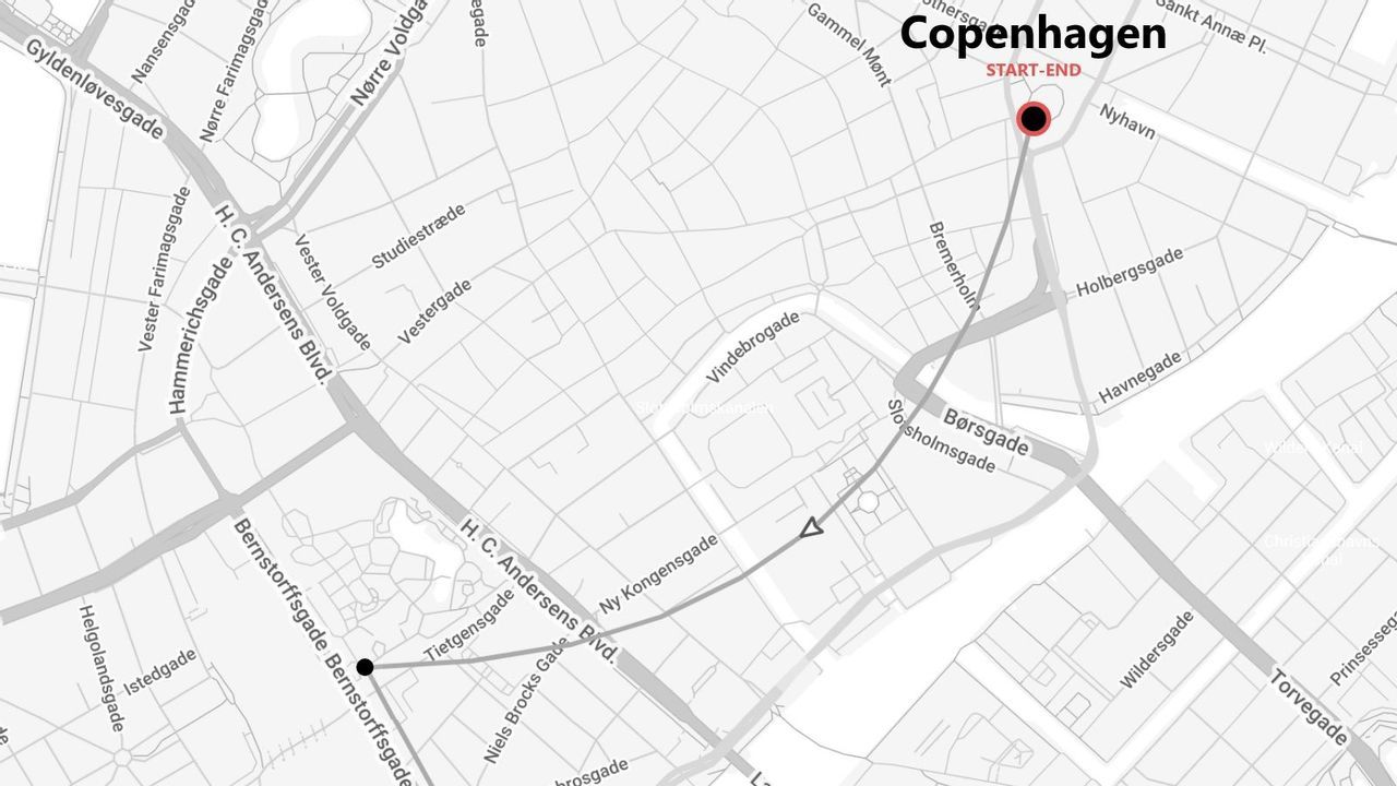 Mappa stradale di Copenaghen che evidenzia un percorso turistico con un punto di inizio e fine vicino al quartiere di Nyhavn.