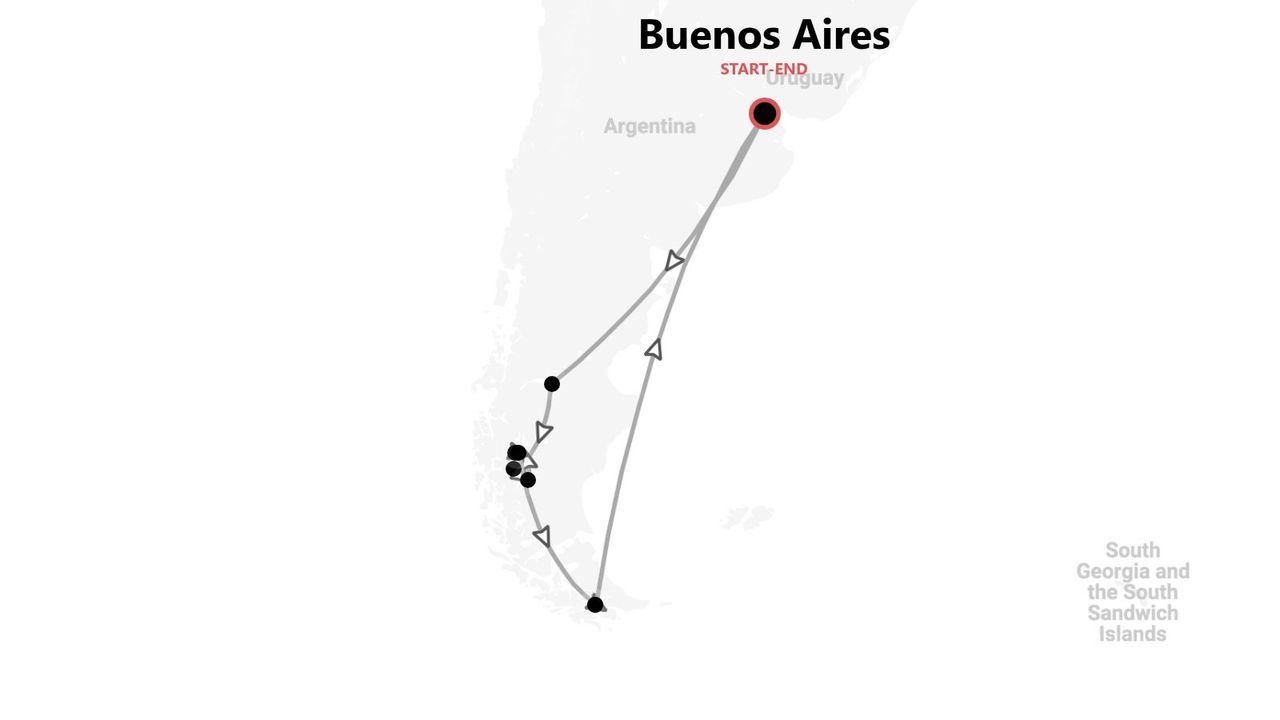 Mappa di un itinerario di viaggio con partenza e arrivo a Buenos Aires, lungo la costa meridionale dell'Argentina.