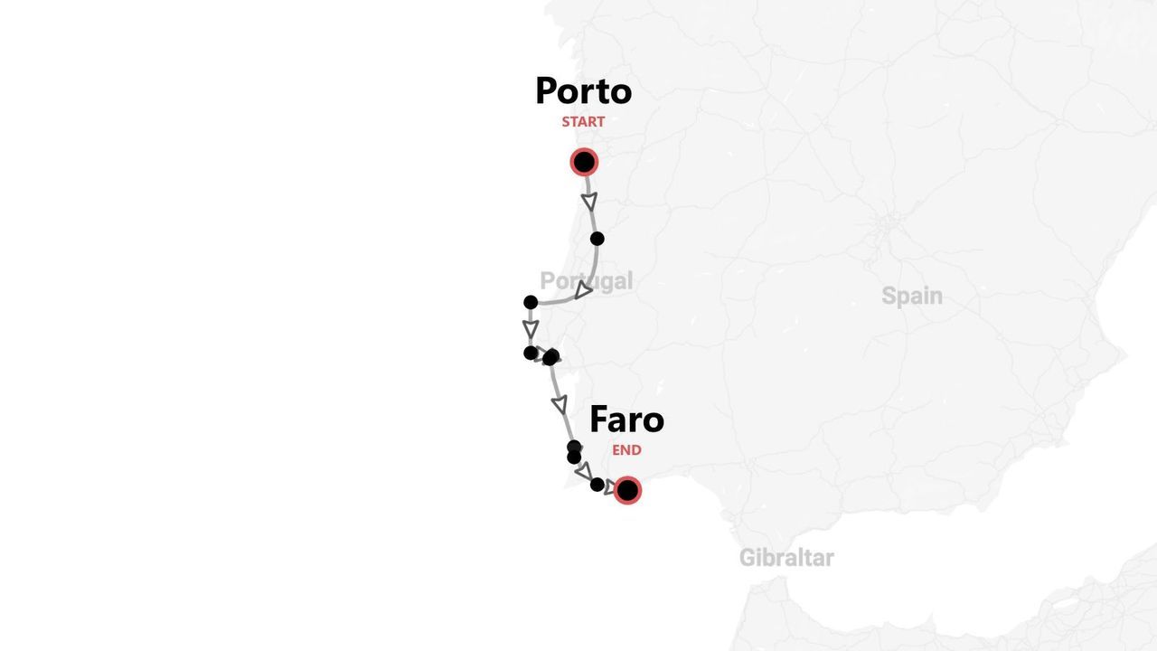 Una mappa che mostra un itinerario di viaggio attraverso il Portogallo, con partenza da Porto e arrivo a Faro.