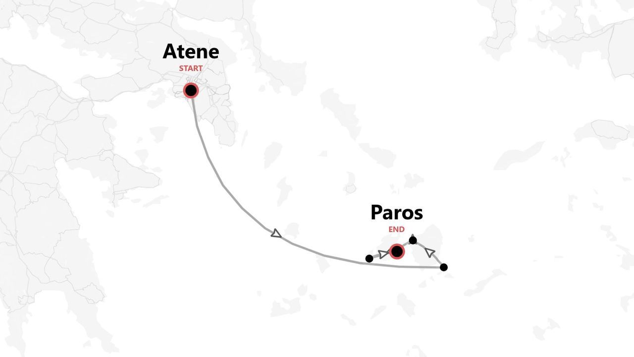 Una mappa che mostra il percorso di viaggio dal punto di partenza ad Atene al punto di arrivo a Paros.