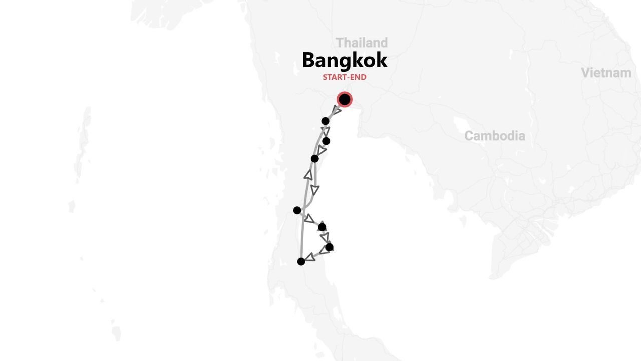 Una mappa della Thailandia che mostra un itinerario di viaggio che inizia e finisce a Bangkok, percorrendo la parte meridionale del paese.