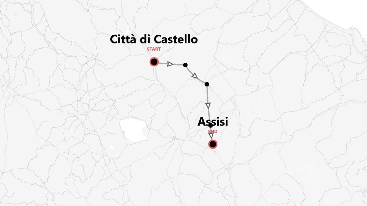 Una mappa del percorso di viaggio da Città di Castello ad Assisi.