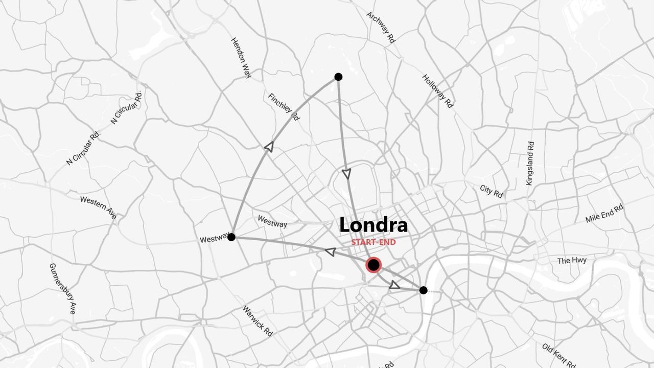 Una mappa stradale di Londra in scala di grigi, con l'etichetta 'Londra', che mostra un percorso circolare pianificato con diversi punti di interesse e un punto di partenza/arrivo.
