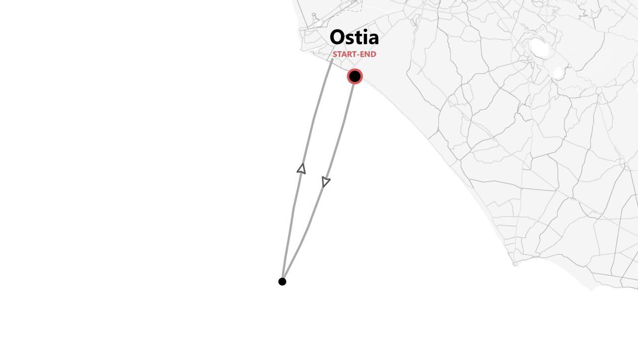 Una mappa stilizzata che mostra un percorso di viaggio con partenza e arrivo a Ostia, evidenziato da un marcatore rosso sulla costa.
