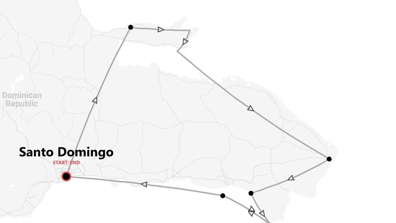 Mappa minimalista della Repubblica Dominicana con un itinerario di viaggio che inizia e finisce a Santo Domingo.