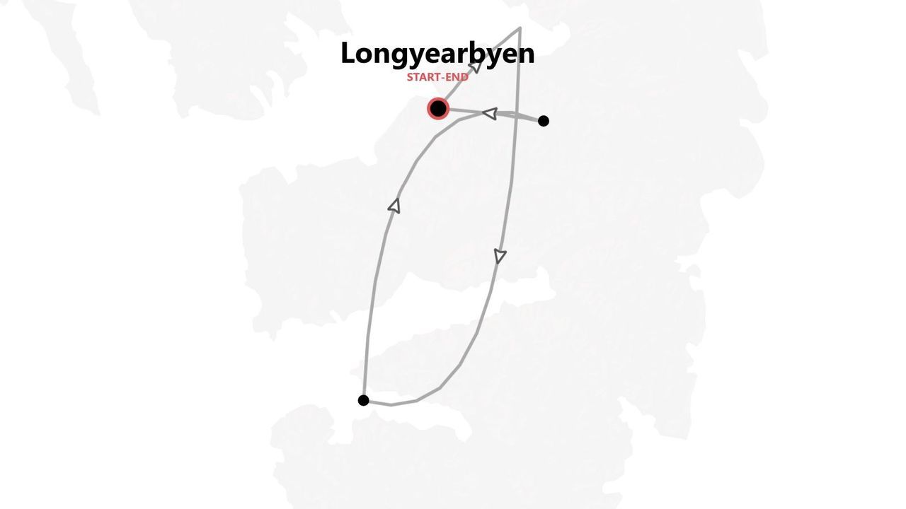 Una mappa stilizzata che mostra un itinerario di viaggio con un percorso che inizia e finisce a Longyearbyen.