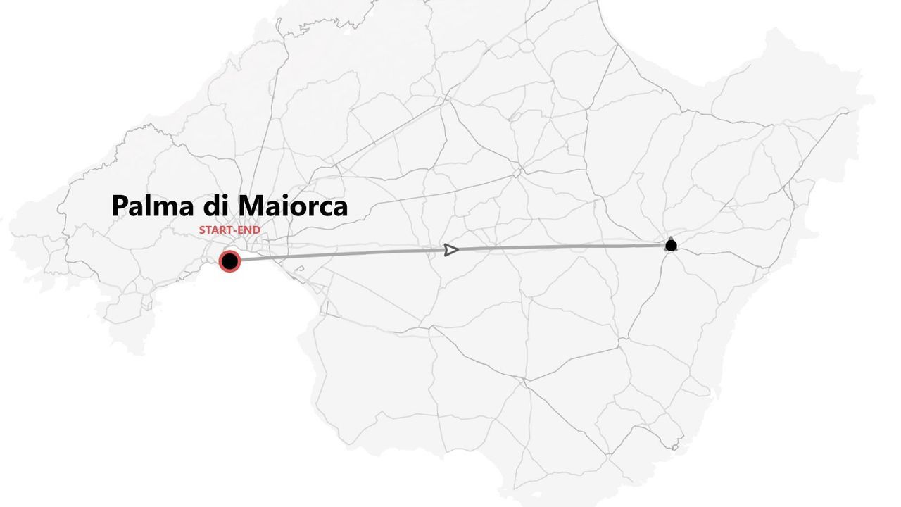 Una mappa minimalista di Maiorca che mostra un itinerario di viaggio che inizia e finisce a Palma di Maiorca.