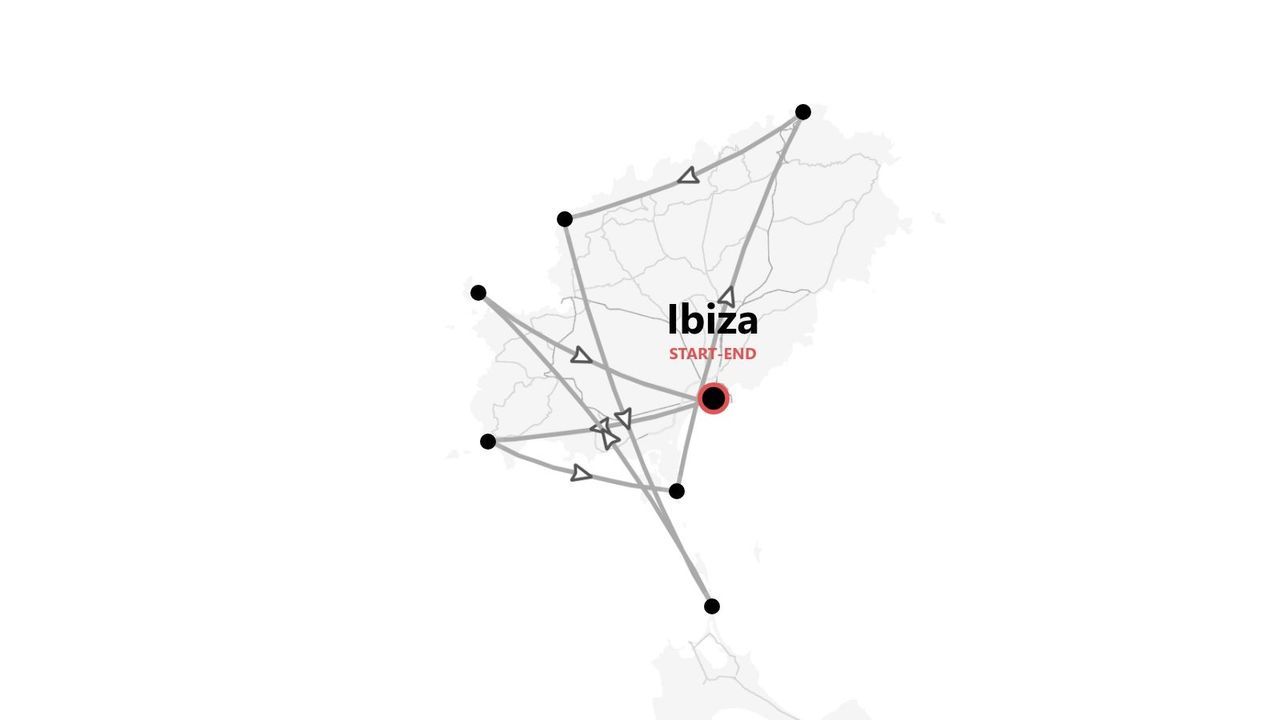 Una mappa di Ibiza che mostra un itinerario di viaggio. Il percorso collega diversi punti dell'isola, con un unico punto di inizio e fine segnato.