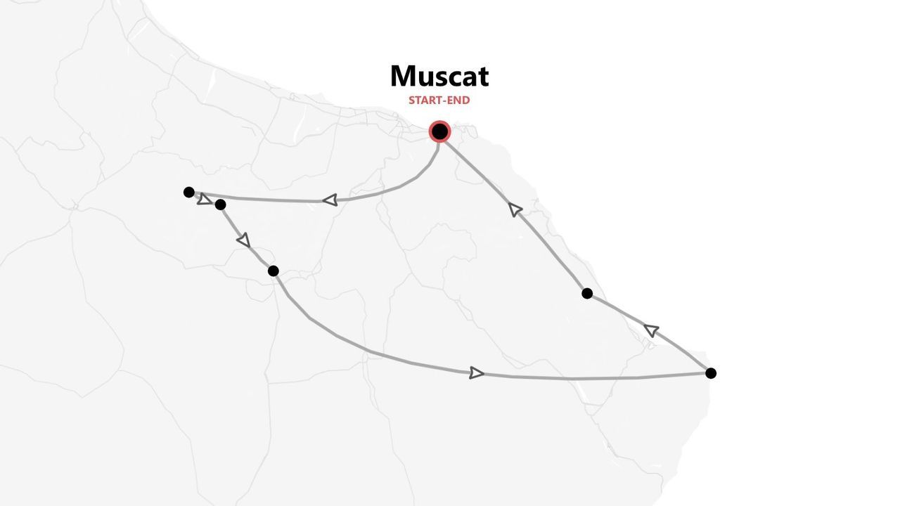 Mappa di un itinerario di viaggio con tappe segnate, con partenza e arrivo a Muscat.