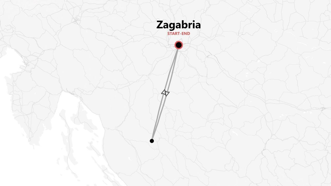 Una mappa minimalista che mostra un itinerario di viaggio con partenza e arrivo a Zagabria, indicato da un evidente segnalino rosso.